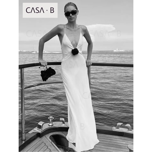 SOON to CASA B✨Madeline Sheer Floral Appliqué Deep V Long Slip Sheath Maxi Dress - Picture 8 of 13